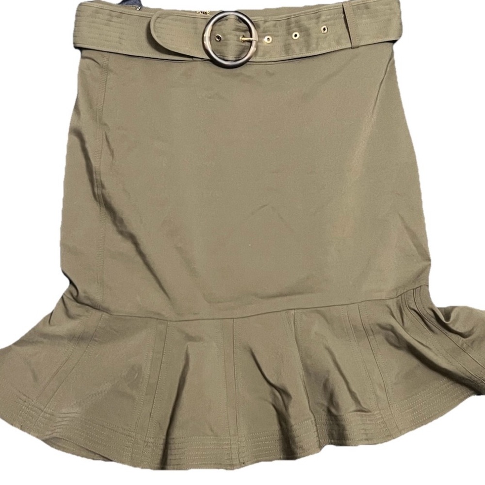 NWOT Calvin Klein Olive Army Green Belted Ruffle Hem Skirt - Picture 4 of 6